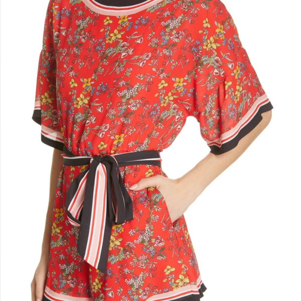 Alice + Olivia Red Floral Short-Sleeve Belted Romper